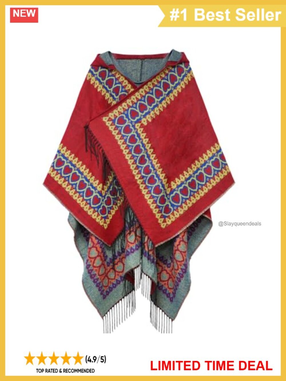 Boho Fringe Poncho Shawl Vintage Patterned Hooded Wrap